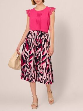 Adrianna Papell Leaf Print A Line Midi Skirt In Navy Leaf Vine SZ L